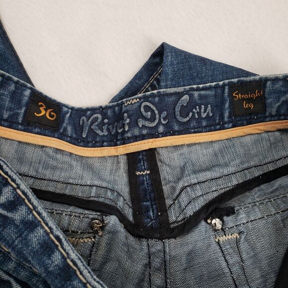 Rivet De Cru Jeans Mens 38 Blue Denim Straight Leg Button Fly Distressed Grunge - Picture 3 of 16